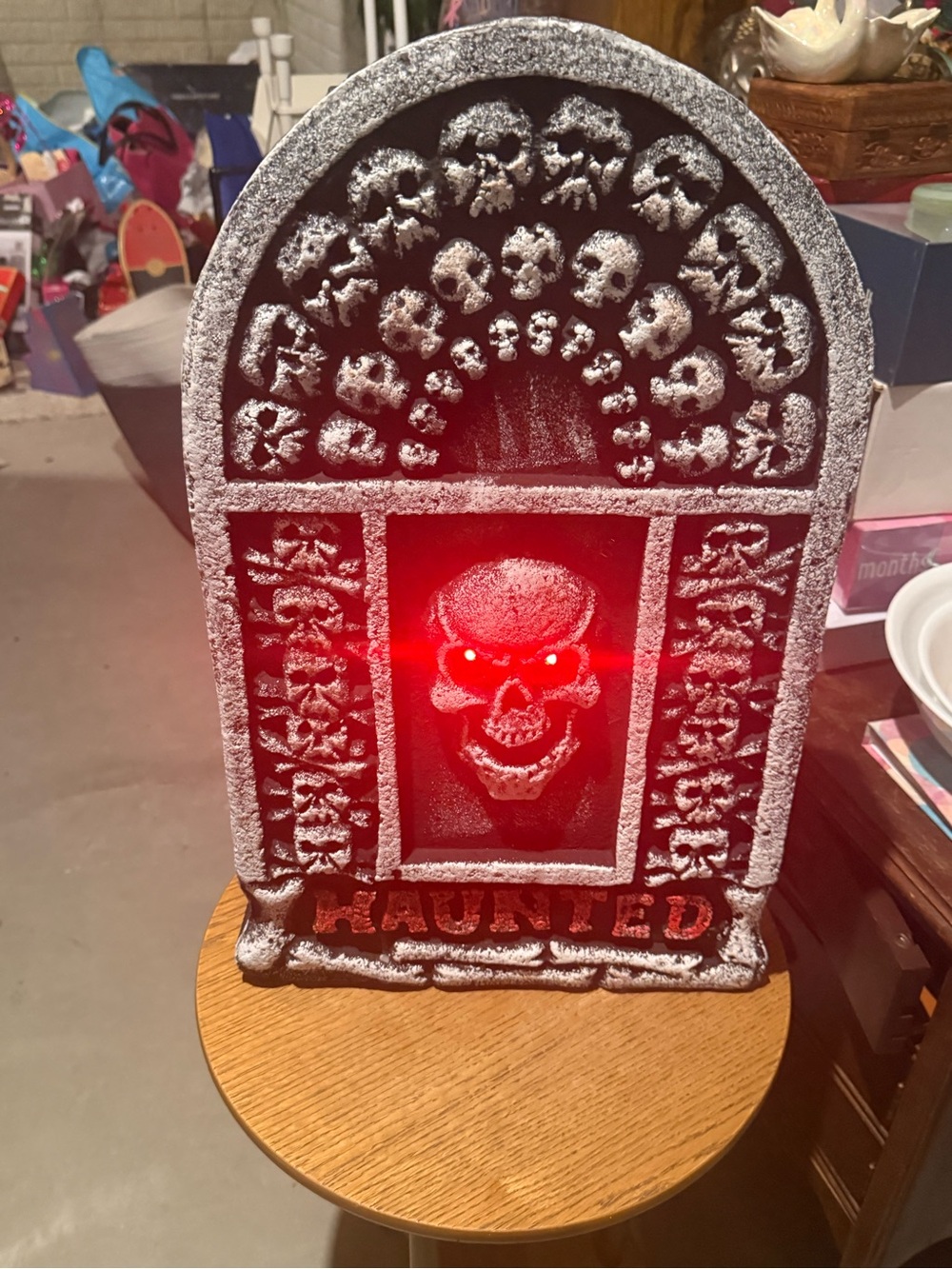 Haunted LED Skull Tombstone - Black and Silver Halloween Decor-lights up!